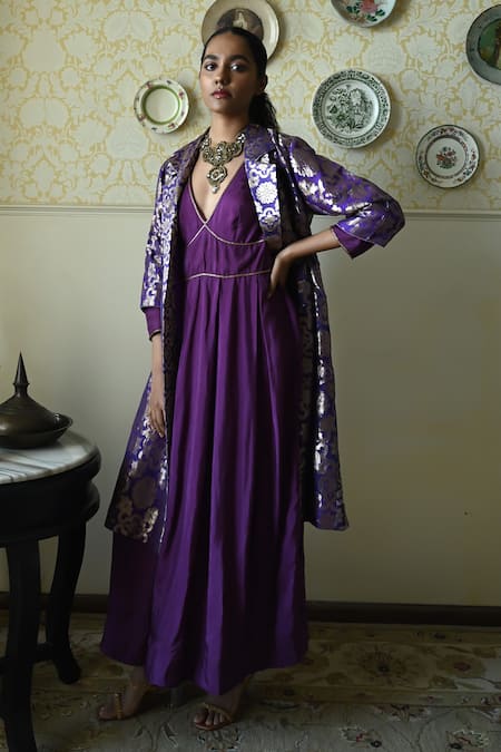 Buy_Shorshe Clothing_Purple Silk Embroidery, Lace V-neck Princess Hand Dress 