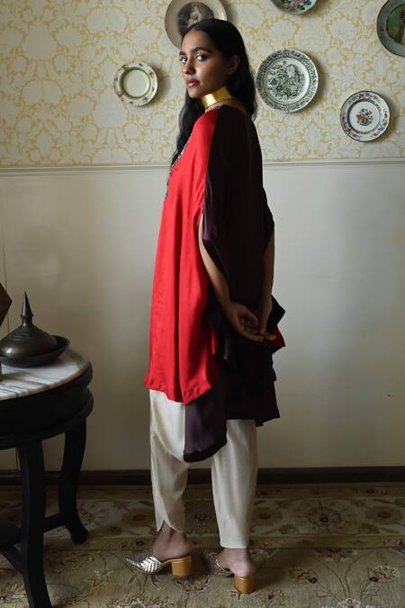 Shorshe Clothing_Red Silk Round Neck Embroidered Cape And Dhoti Pant Set _Online_at_Aza_Fashions
