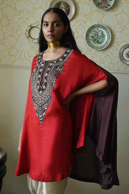 Shop_Shorshe Clothing_Red Silk Round Neck Embroidered Cape And Dhoti Pant Set _Online_at_Aza_Fashions