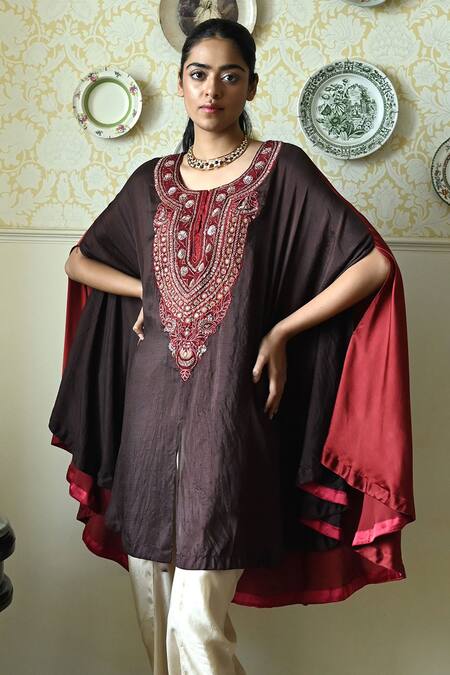 Shorshe Clothing_Brown Silk Round Neck Embroidered Cape And Dhoti Pant Set _Online_at_Aza_Fashions