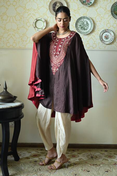 Buy_Shorshe Clothing_Brown Silk Round Neck Embroidered Cape And Dhoti Pant Set _Online_at_Aza_Fashions
