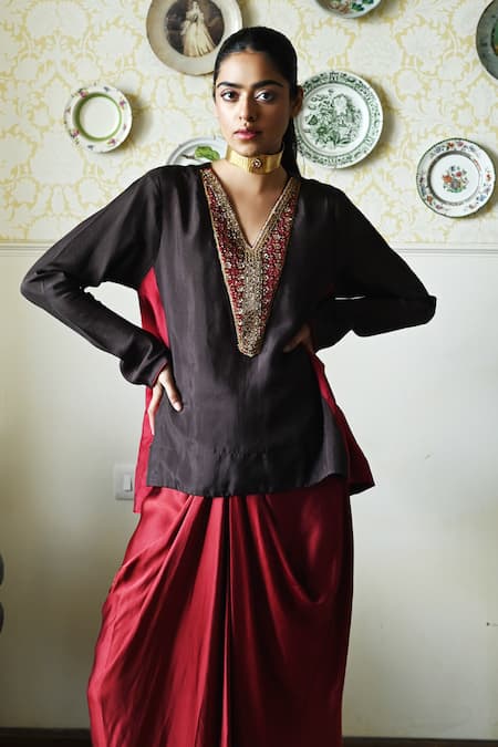 Shorshe Clothing_Brown Silk Embroidery, Lace V-neck Kurta And Cowl Skirt Set _Online_at_Aza_Fashions