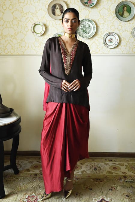 Buy_Shorshe Clothing_Brown Silk Embroidery, Lace V-neck Kurta And Cowl Skirt Set _Online_at_Aza_Fashions