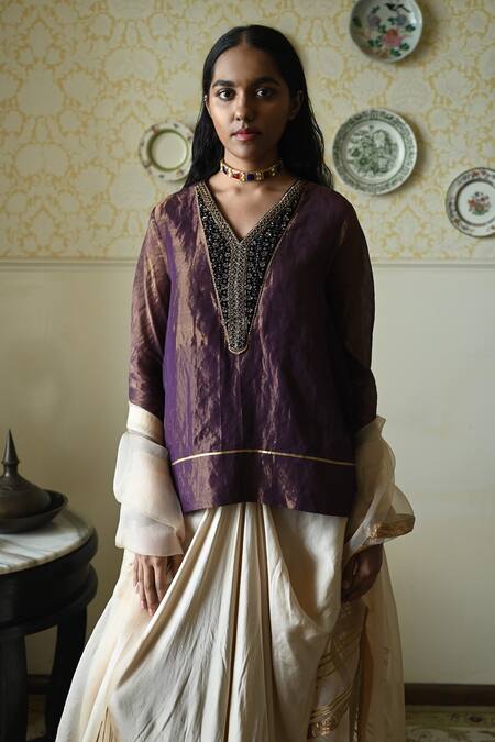 Shorshe Clothing_Purple Tissue, Silk Embroidery, Sequins, Beads, Lace Kurta And Cowl Skirt Set _Online_at_Aza_Fashions