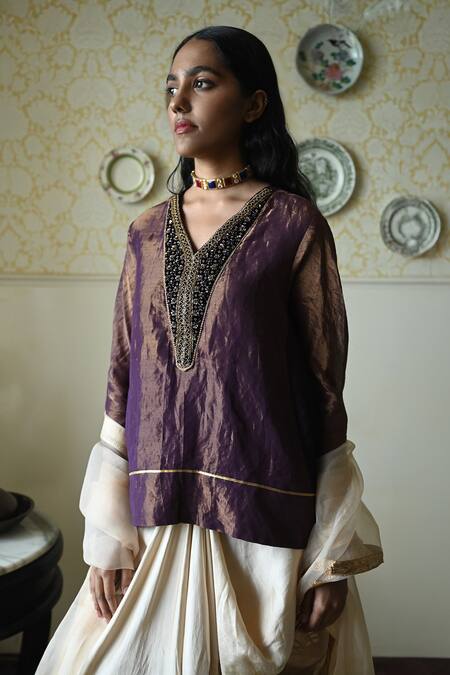 Buy_Shorshe Clothing_Purple Tissue, Silk Embroidery, Sequins, Beads, Lace Kurta And Cowl Skirt Set _Online_at_Aza_Fashions