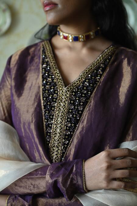 Buy_Shorshe Clothing_Purple Tissue, Silk Embroidery, Sequins, Beads, Lace Kurta And Cowl Skirt Set 