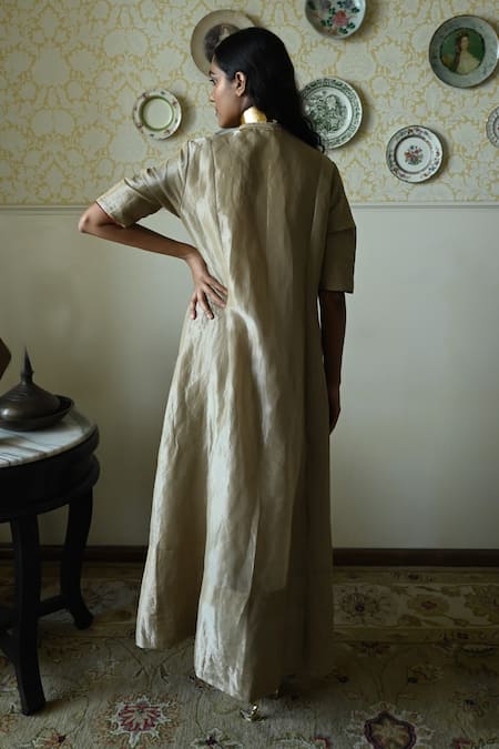 Shorshe Clothing Sashiko Hand Embroidered Tissue Anarkali Kurta 