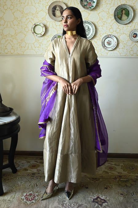 Shorshe Clothing Sashiko Hand Embroidered Tissue Anarkali Kurta 