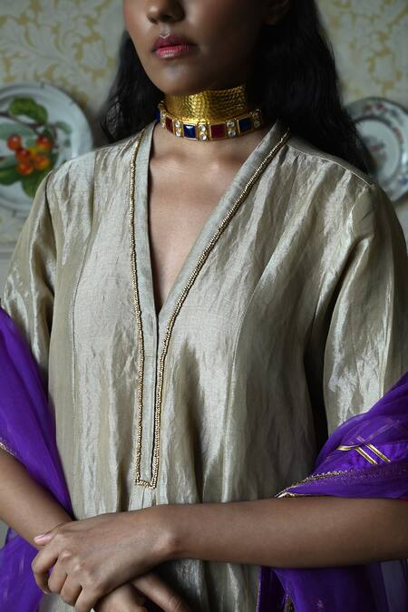 Shorshe Clothing_Beige Tissue Beads, Lace Split V-neck Sashiko Hand Embroidered Anarkali Kurta _at_Aza_Fashions