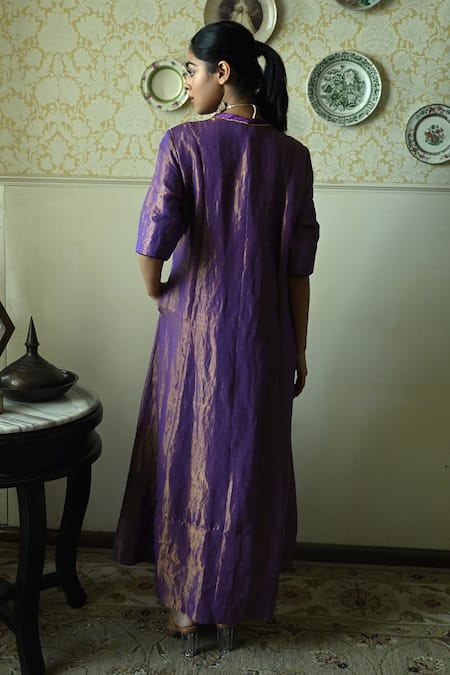 Shop_Shorshe Clothing_Purple Tissue Embroidery, Lace V-neck Sashiko Hand Kurta _Online_at_Aza_Fashions