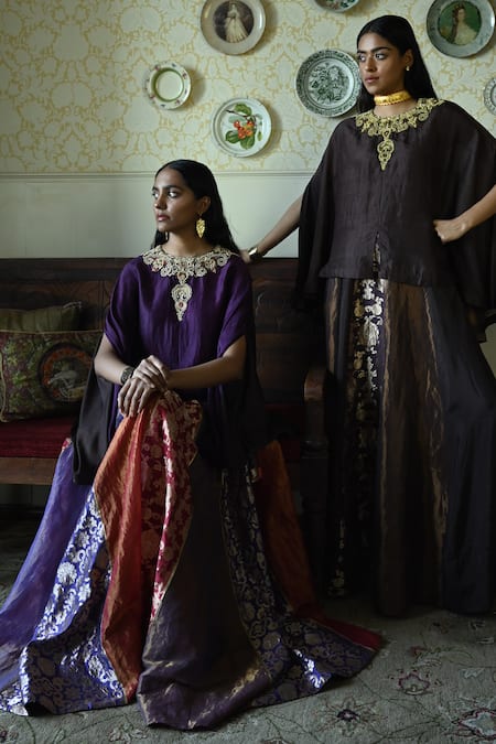 Shorshe Clothing_Purple Round Neck, Split Maharani Hand Embroidered Patchwork Cape _Online_at_Aza_Fashions