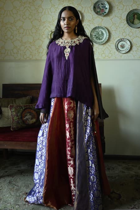 Buy_Shorshe Clothing_Multi Color Brocade, Satin Zari, Embroidery Maharani Panelled Lehenga Skirt _Online_at_Aza_Fashions