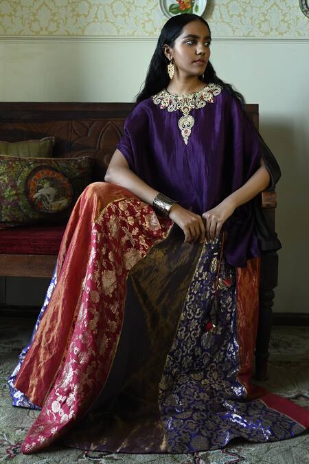 Shop_Shorshe Clothing_Multi Color Brocade, Satin Zari, Embroidery Maharani Panelled Lehenga Skirt _Online_at_Aza_Fashions