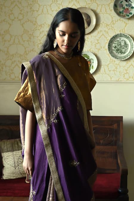 Shorshe Clothing_Purple Silk, Tissue Embroidery, Lace Chinaar Diagonal Hand Saree _Online_at_Aza_Fashions