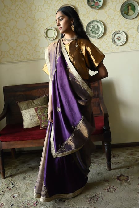 Buy_Shorshe Clothing_Purple Silk, Tissue Embroidery, Lace Chinaar Diagonal Hand Saree _Online_at_Aza_Fashions