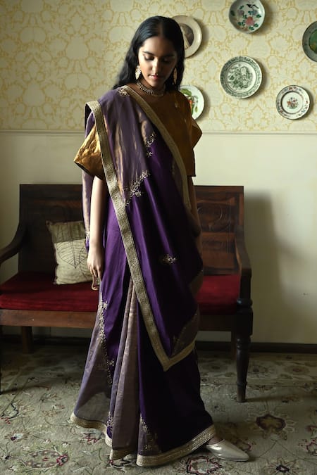 Shop_Shorshe Clothing_Purple Silk, Tissue Embroidery, Lace Chinaar Diagonal Hand Saree _Online_at_Aza_Fashions