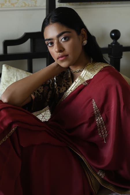 Shorshe Clothing_Red Silk Lace, Embroidery Trim And Hand Saree _Online_at_Aza_Fashions