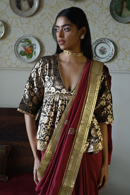 Buy_Shorshe Clothing_Red Silk Lace, Embroidery Trim And Hand Saree _Online_at_Aza_Fashions