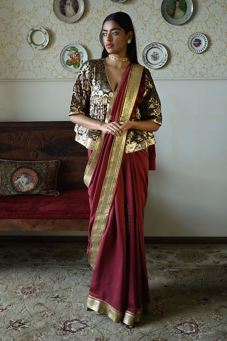 Shorshe Clothing_Red Silk Lace, Embroidery Trim And Hand Saree _at_Aza_Fashions