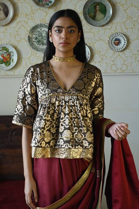 Buy_Shorshe Clothing_Red Silk Lace, Embroidery Trim And Hand Saree 