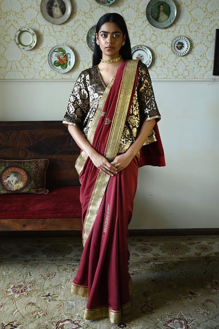 Shop_Shorshe Clothing_Red Silk Lace, Embroidery Trim And Hand Saree 