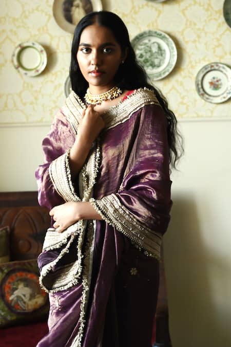 Shorshe Clothing_Purple Chanderi Silk, Tissue Lace, Embroidery Sati Handwoven Saree _Online_at_Aza_Fashions