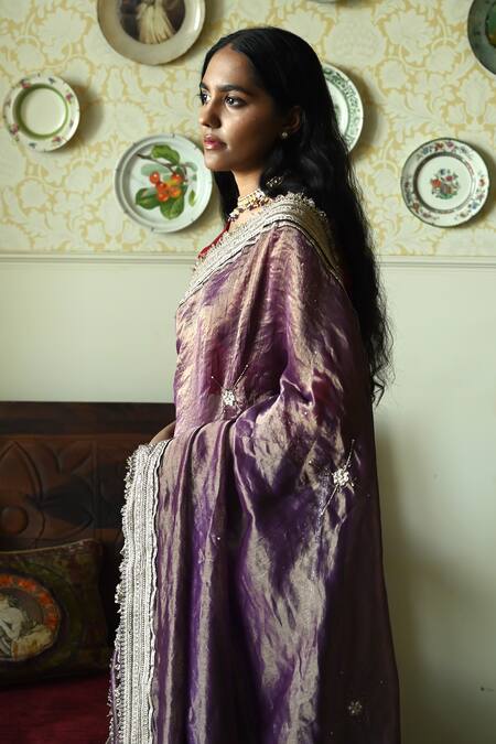 Buy_Shorshe Clothing_Purple Chanderi Silk, Tissue Lace, Embroidery Sati Handwoven Saree _Online_at_Aza_Fashions
