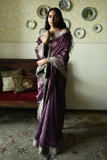 Shop_Shorshe Clothing_Purple Chanderi Silk, Tissue Lace, Embroidery Sati Handwoven Saree _Online_at_Aza_Fashions