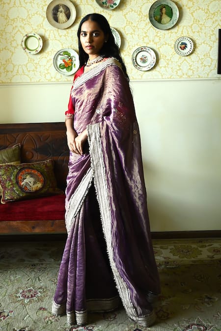 Shorshe Clothing_Purple Chanderi Silk, Tissue Lace, Embroidery Sati Handwoven Saree _at_Aza_Fashions