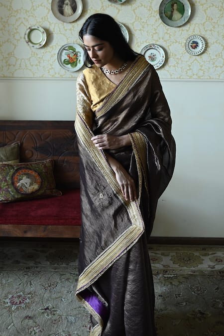 Buy_Shorshe Clothing_Brown Chanderi Silk, Tissue Lace, Embroidery Sati Stripes Saree _Online_at_Aza_Fashions