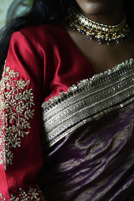 Buy_Shorshe Clothing_Red Silk Embroidery, Zari V-neck Noor Zardozi Blouse _Online_at_Aza_Fashions