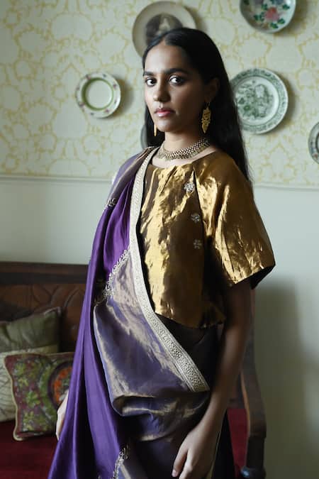 Shorshe Clothing_Gold Tissue Round Neck Charulata Blouse _Online_at_Aza_Fashions