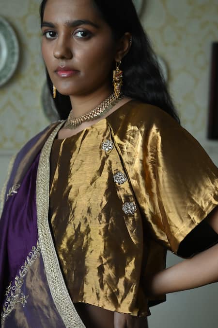 Buy_Shorshe Clothing_Gold Tissue Round Neck Charulata Blouse _Online_at_Aza_Fashions