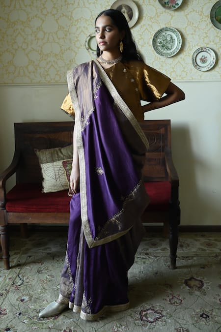 Shop_Shorshe Clothing_Gold Tissue Round Neck Charulata Blouse _Online_at_Aza_Fashions