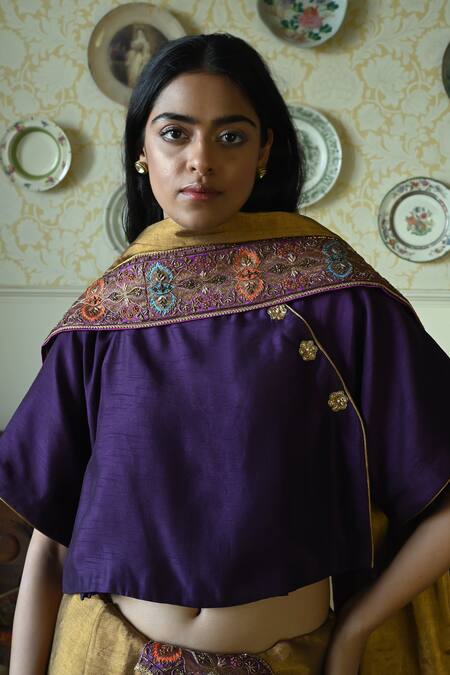 Buy_Shorshe Clothing_Purple Silk Embroidery, Bows Round Neck Charulata Blouse _Online_at_Aza_Fashions