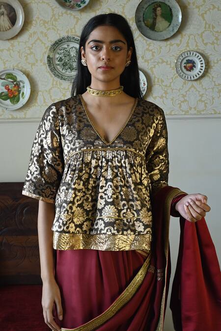 Shorshe Clothing_Brown Brocade Zari V-neck Gujrat Blouse _Online_at_Aza_Fashions