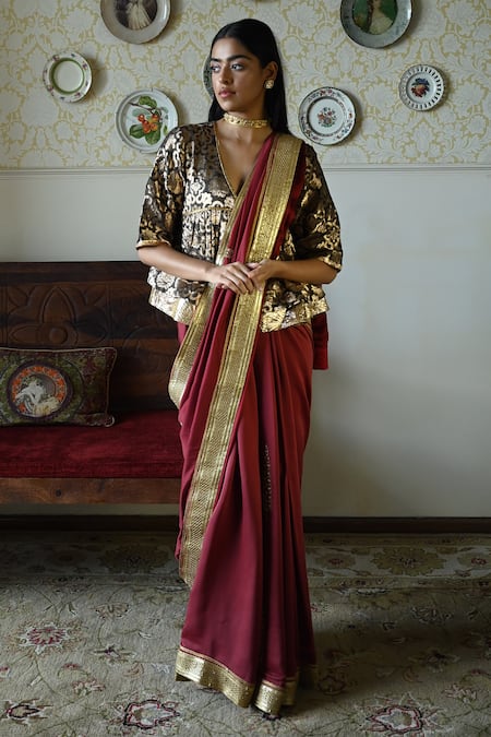 Buy_Shorshe Clothing_Brown Brocade Zari V-neck Gujrat Blouse _Online_at_Aza_Fashions