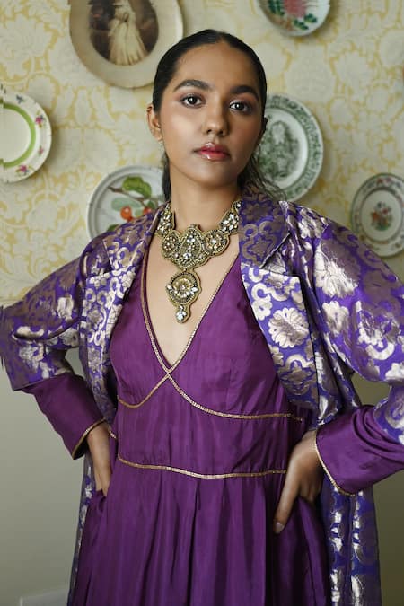 Shorshe Clothing_Purple Brocade Collared Roshnee Gujrat Tissue Jacket _Online_at_Aza_Fashions