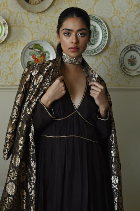 Shorshe Clothing_Brown Brocade Zari V-neck Gujrat Tissue Patterned Jacket _Online_at_Aza_Fashions