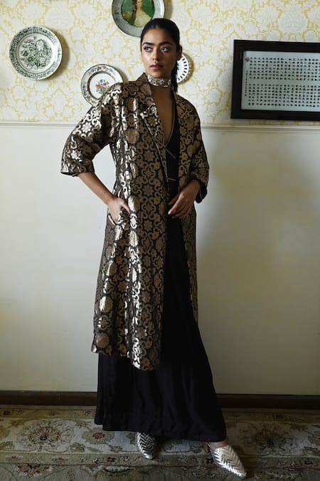 Shop_Shorshe Clothing_Brown Brocade Zari V-neck Gujrat Tissue Patterned Jacket _Online_at_Aza_Fashions