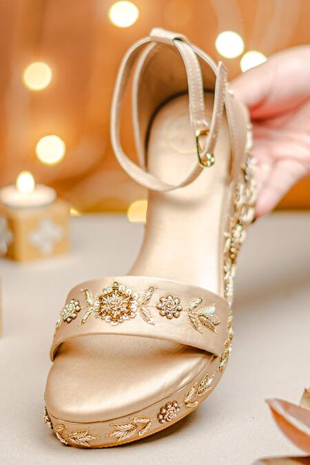 Shop NR By Nidhi Rathi Gold Embroidery, Sequins Synthetic Patent Wedge Heels Shop_NR By Nidhi Rathi_Gold Embroidery, Sequins Synthetic Patent Wedge Heels