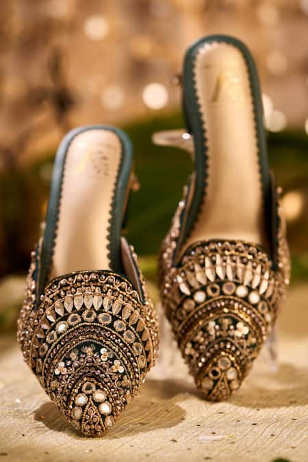 Shop_House Of Vian_Emerald Green Embroidery, Mirrors, Sequins, Beads Rabayat Work Mule Heels _Online_at_Aza_Fashions