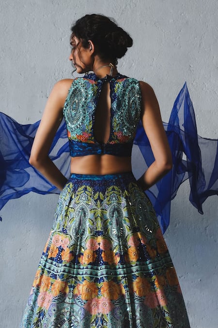 Basil Leaf Blue Mosaic Print Lehenga Set 
