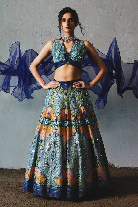 Basil Leaf_Blue Tussar, Chiffon, Organza Sequins, Embroidery Mosaic Print Lehenga Set _Online_at_Aza_Fashions