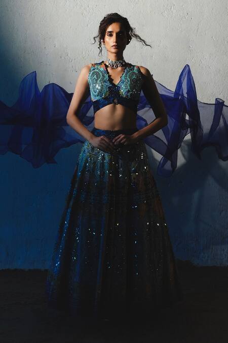 Shop_Basil Leaf_Blue Tussar, Chiffon, Organza Sequins, Embroidery Mosaic Print Lehenga Set _Online_at_Aza_Fashions