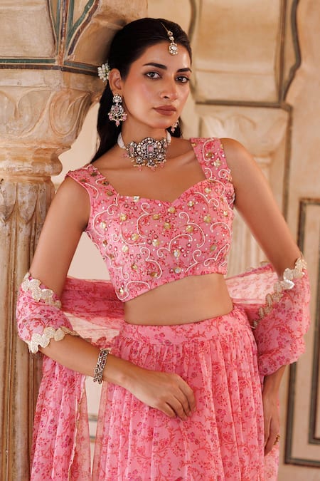 Shop_Bannhi By Priyanka Rathore_Pink Chiffon Sequins, Embroidery, Lace Floral Printed Lehenga Set With Blouse _Online_at_Aza_Fashions