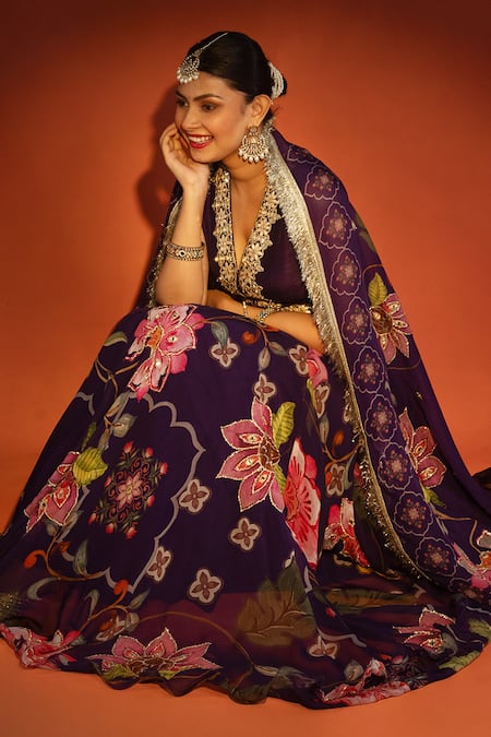 Tanu Malhotra_Purple Organza, Silk Sequins, Zari, Foil Printing, Floral Pattern Lehenga Set  _Online_at_Aza_Fashions