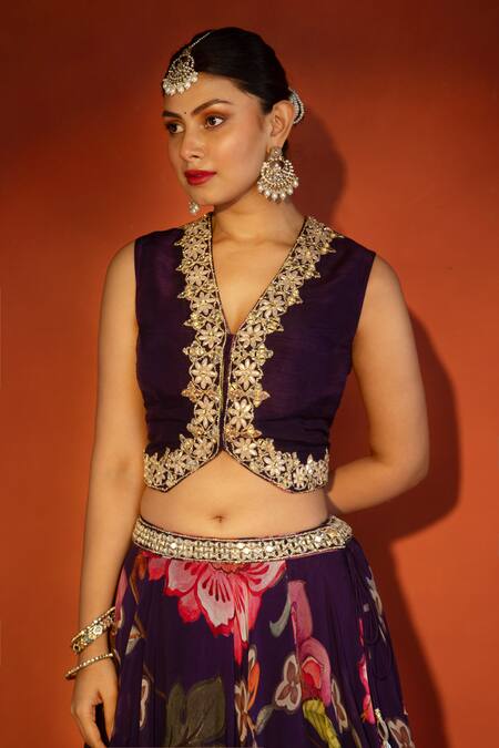 Buy_Tanu Malhotra_Purple Organza, Silk Sequins, Zari, Foil Printing, Floral Pattern Lehenga Set  _Online_at_Aza_Fashions