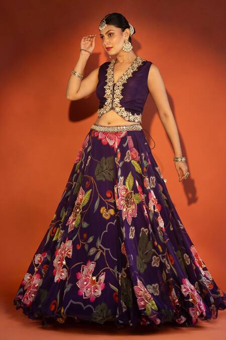 Shop_Tanu Malhotra_Purple Organza, Silk Sequins, Zari, Foil Printing, Floral Pattern Lehenga Set  _Online_at_Aza_Fashions