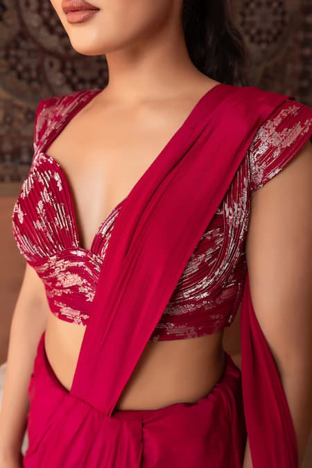 Nidhi Kejriwal_Wine Crepe, Georgette Foil Printing Sweetheart Draped Saree With Wired Blouse _Online_at_Aza_Fashions